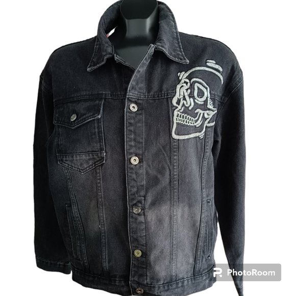M💀 Embroidery Denim Jacket Biker Rock Skull ➡️Hoodie is not included - Picture 1 of 6